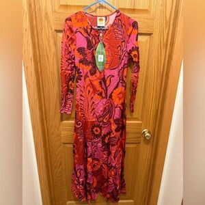 NWT Farm Rio Pink Bold Floral Long Sleeve Maxi Dress XS